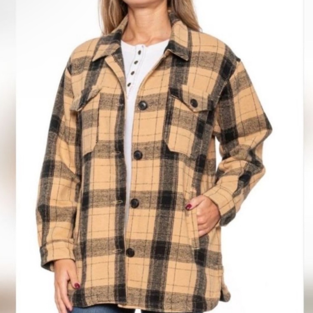 LUCKY BRAND OVERSIZED BLACK TAN YELLOW PLAID SHACKET SHIR JACKET SIZE SMALL